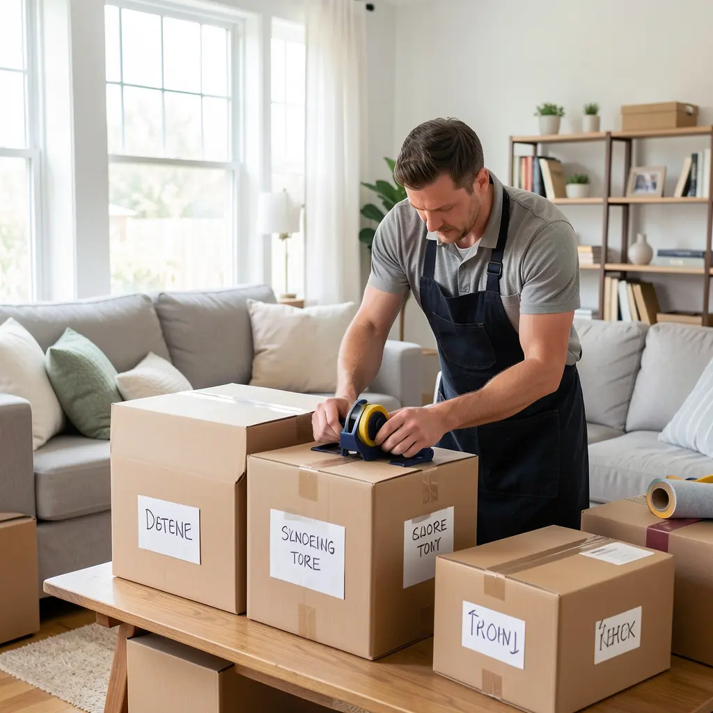 Professional packing team preparing boxes for house move